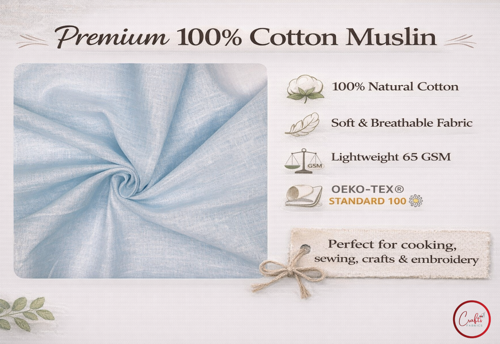 Premium 100% Cotton Muslin fabric with product features on a light background

