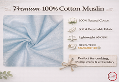 Premium 100% Cotton Muslin fabric with product features on a light background

