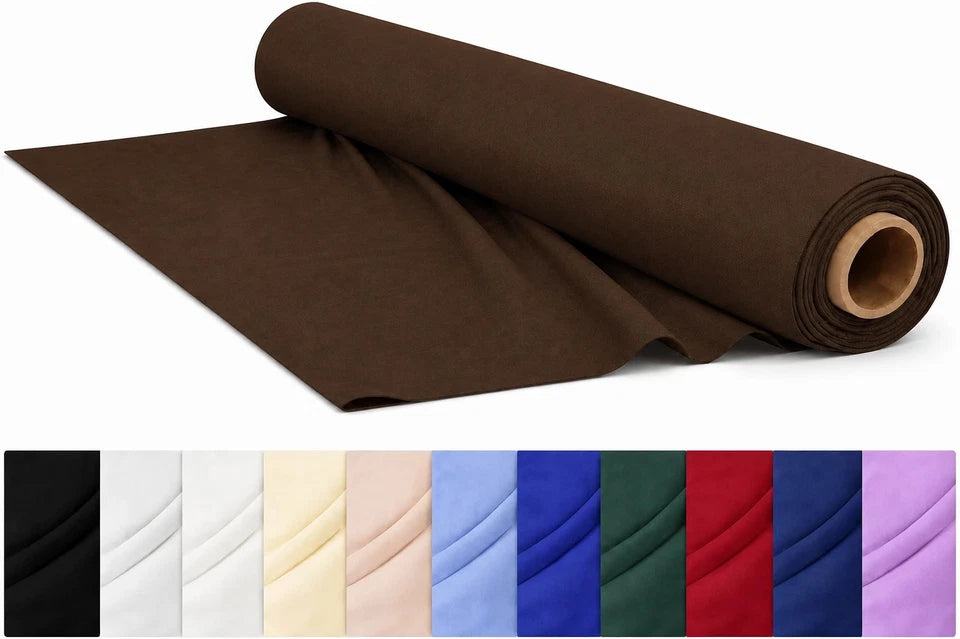 Roll of brown fabric with color swatches below on a white background