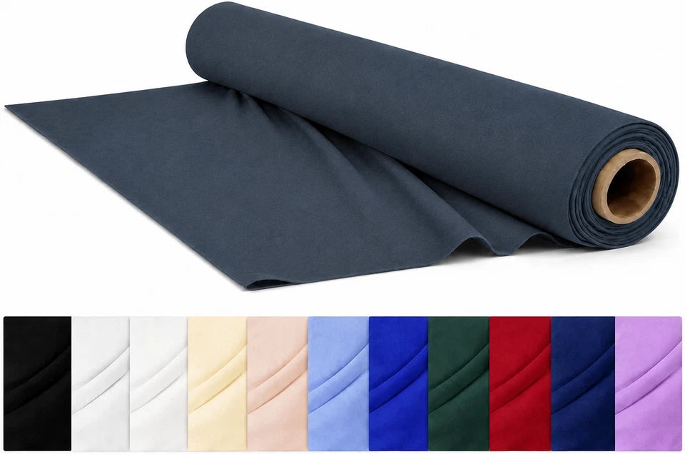 Roll of dark blue fabric with color swatches below on a white background