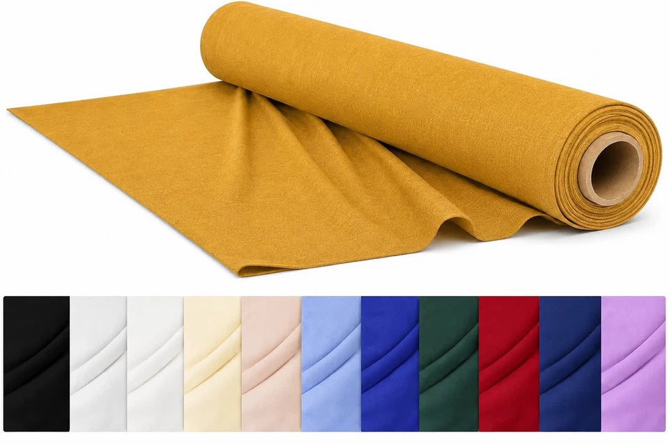 Roll of mustard yellow fabric with color swatches below on a white background

