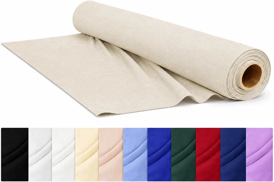 Rolled-up fabric with color swatches below on a white background