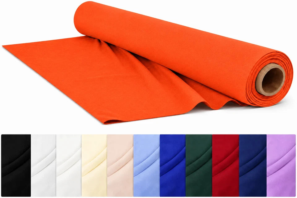 Roll of orange fabric with color swatches below on a white background

