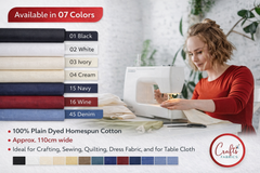 CraftsFabrics Black Plain Dyed Homespun Cotton Fabric – 100% Cotton – 110cm Wide – Craft, Quilting & Dressmaking Fabric