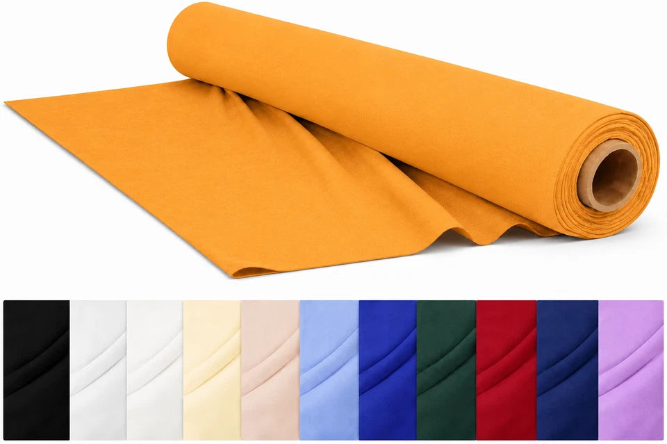 Roll of orange fabric with color swatches below on a white background

