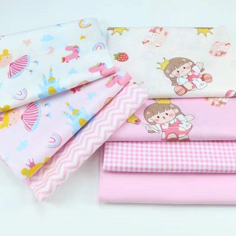 CraftsFabrics 7pcs Pink Princess Cotton Fat Quarter Checkered Stripped 50x40cm Wide Sewing Baby Cloth Kids Bedding Cushion Patchwork Fabric