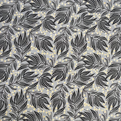 Pattern of black leaves and small yellow flowers on a gray background