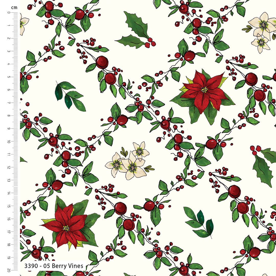 Tissu Crafty Lass 100 % coton à motifs baies et fleurs, 112 cm de large, pour travaux manuels, couture, décoration d'intérieur et loisirs créatifs pour enfants.
