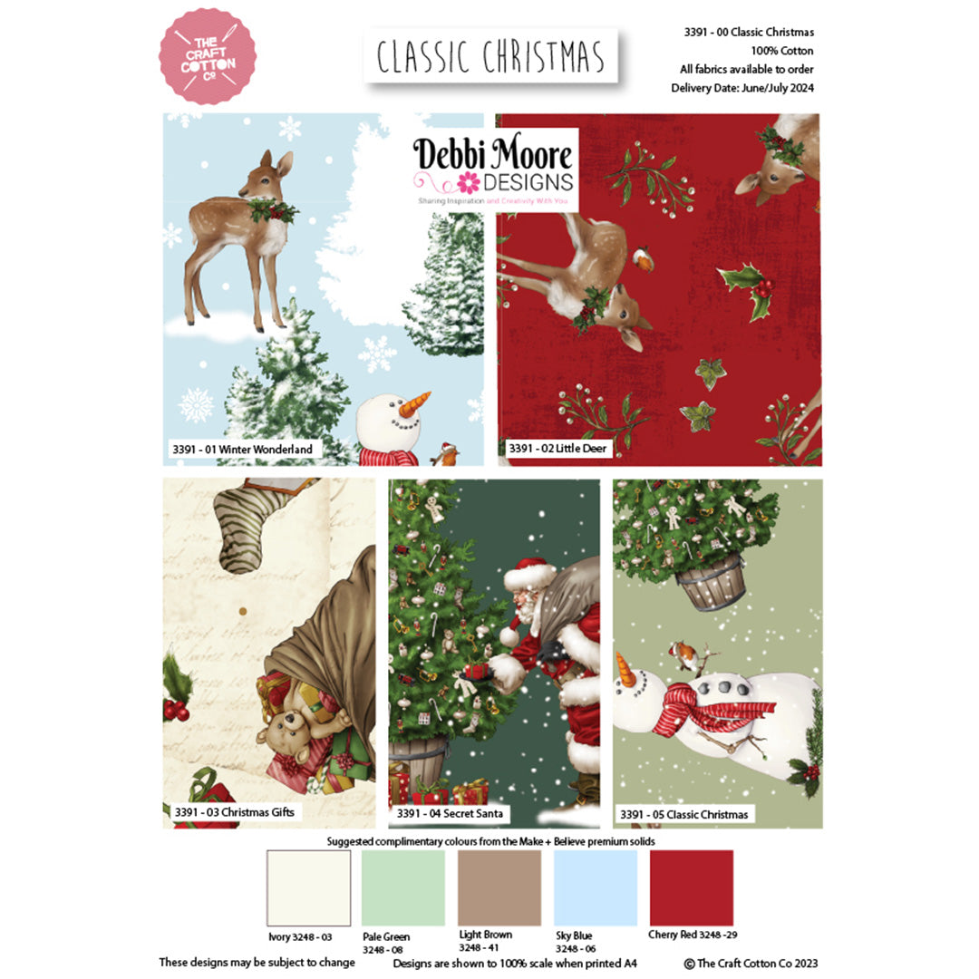 Craft Cotton Co. 100% Cotton Classic Christmas By Debbi Moore (45x 55cm) Fat Quarter For Crafting, Patchwork, Home Décor, Kid's Craft