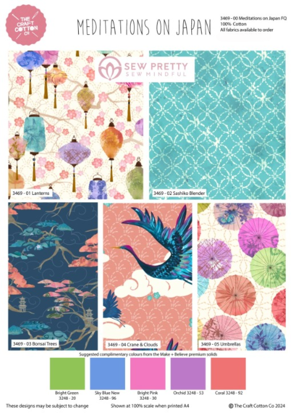 Craft Cotton Co. 100% Cotton Meditations on Japan -Sew Pretty Sew Mindful (45x 55cm) 5Pcs Fat Quarter For Crafting, Sewing, Kid's Craft