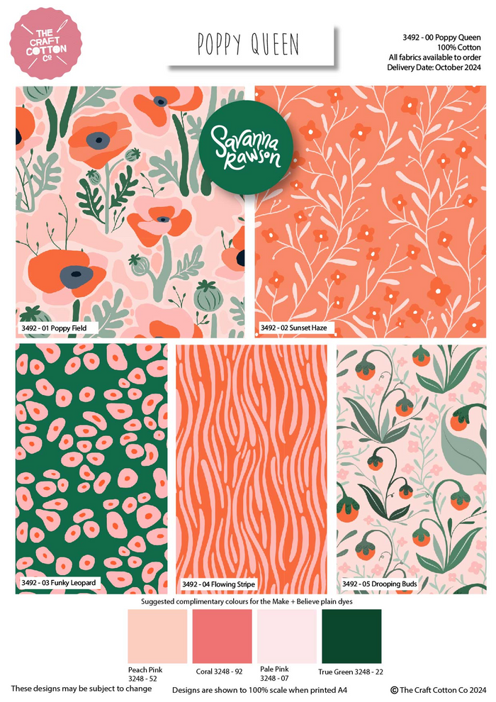 The Craft Cotton Co. Fat Quarter Bundle Poppy Queen by Savanna Rawson 100% Cotton 5Pcs Fat Quarter Bundle 45x55cm Wide Floral Designs For Crafting, Home Décor, Kid's Craft