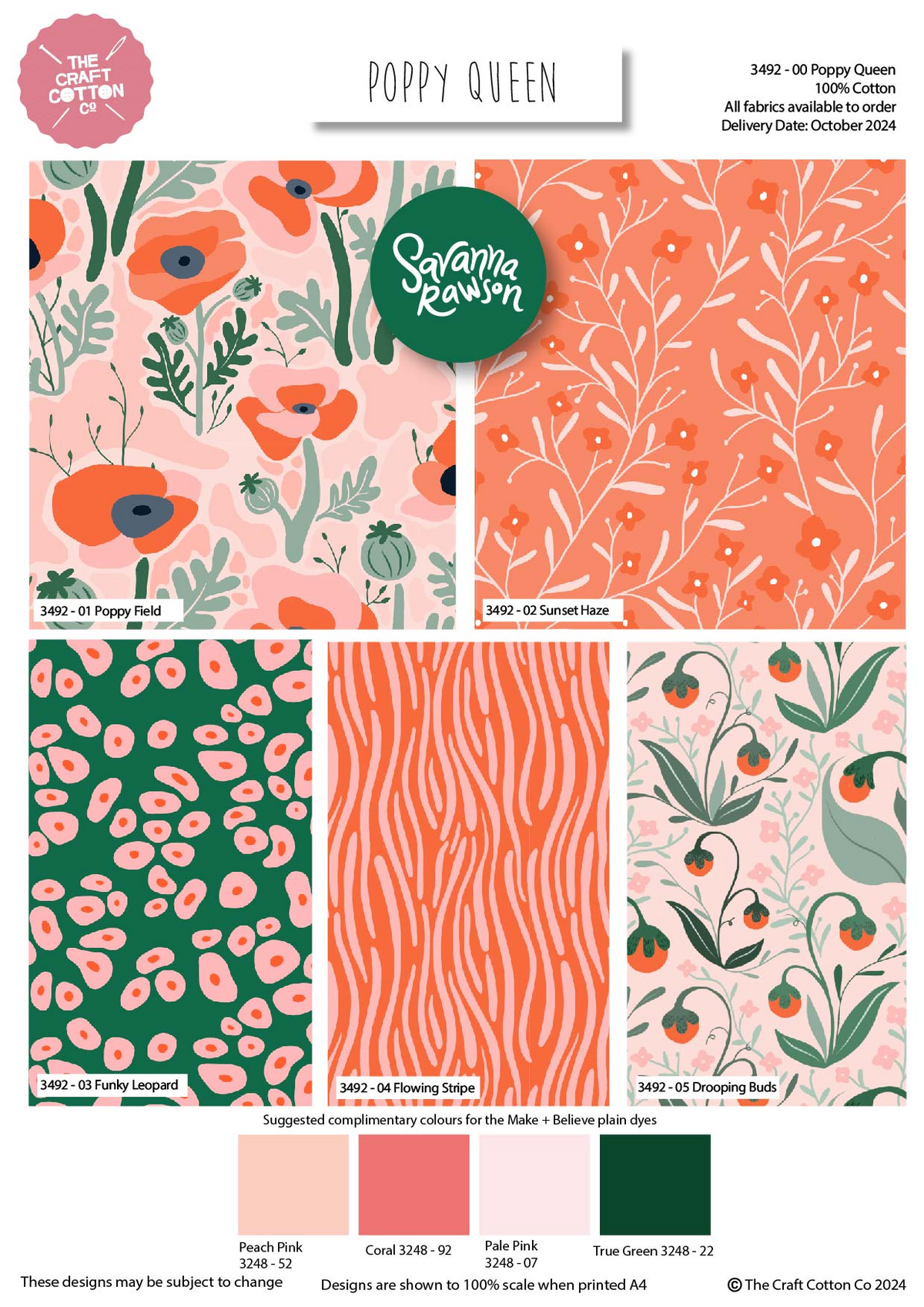 Poppy Queen by Savanna Rawson 100% Cotton 5Pcs Fat Quarter Bundle 45x55cm Wide Floral Designs For Crafting, Home Décor, Kid's Craft