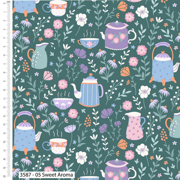 Craft Cotton Co. Botanique Brew 100%  Cotton 112cm Wide Springtime Tea Themed Designs
