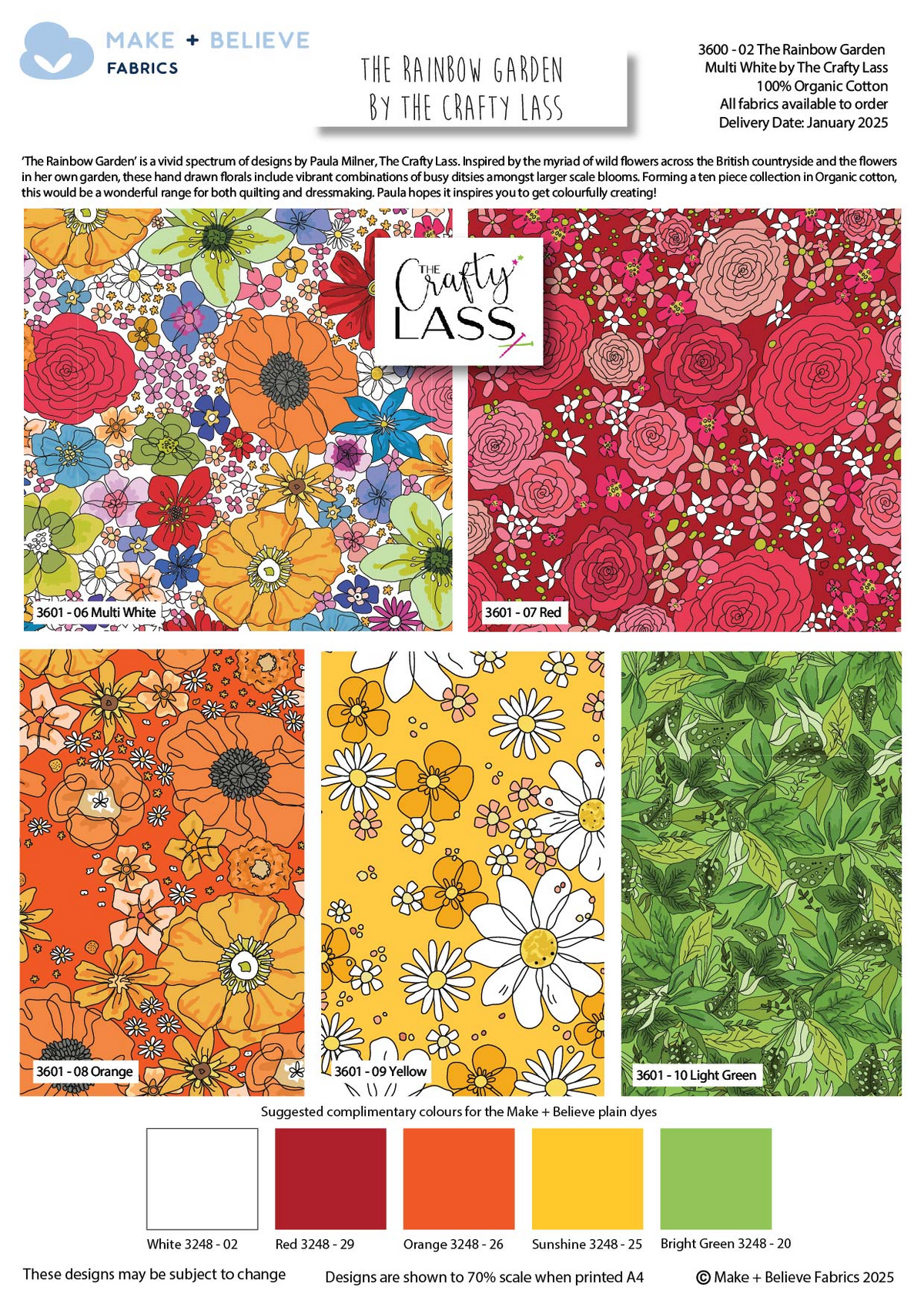The Craft Cotton Co. Fat Quarter Bundle Craft Cotton Co. The Rainbow Garden - The Crafty Lass 100% Organic Cotton 45x55cm Wide 5Pcs Fat Quarter for Crafting, Quilting, Kid's Craft