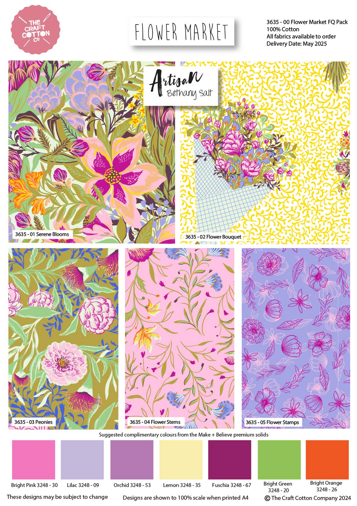 The Craft Cotton Co. Flower Market Bethany Salt 100% Cotton 45x55cm Wide Floral Bouquet 5Pcs Fat Quarter Bundle Fabric for Crafting, Patchwork, Dressmaking