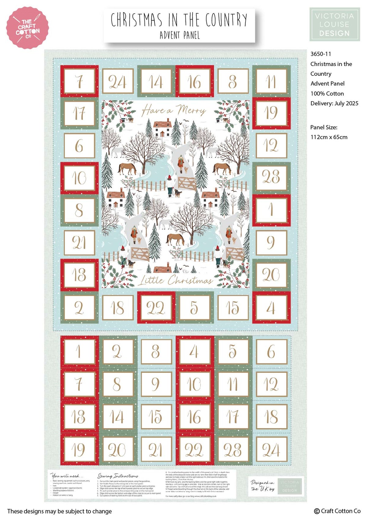 Christmas In The Country by Victoria Louise Design 100% Cotton 112cmx65cm Advent Panel Fabric for Sewing, Crafting, Dressmaking, Patchwork