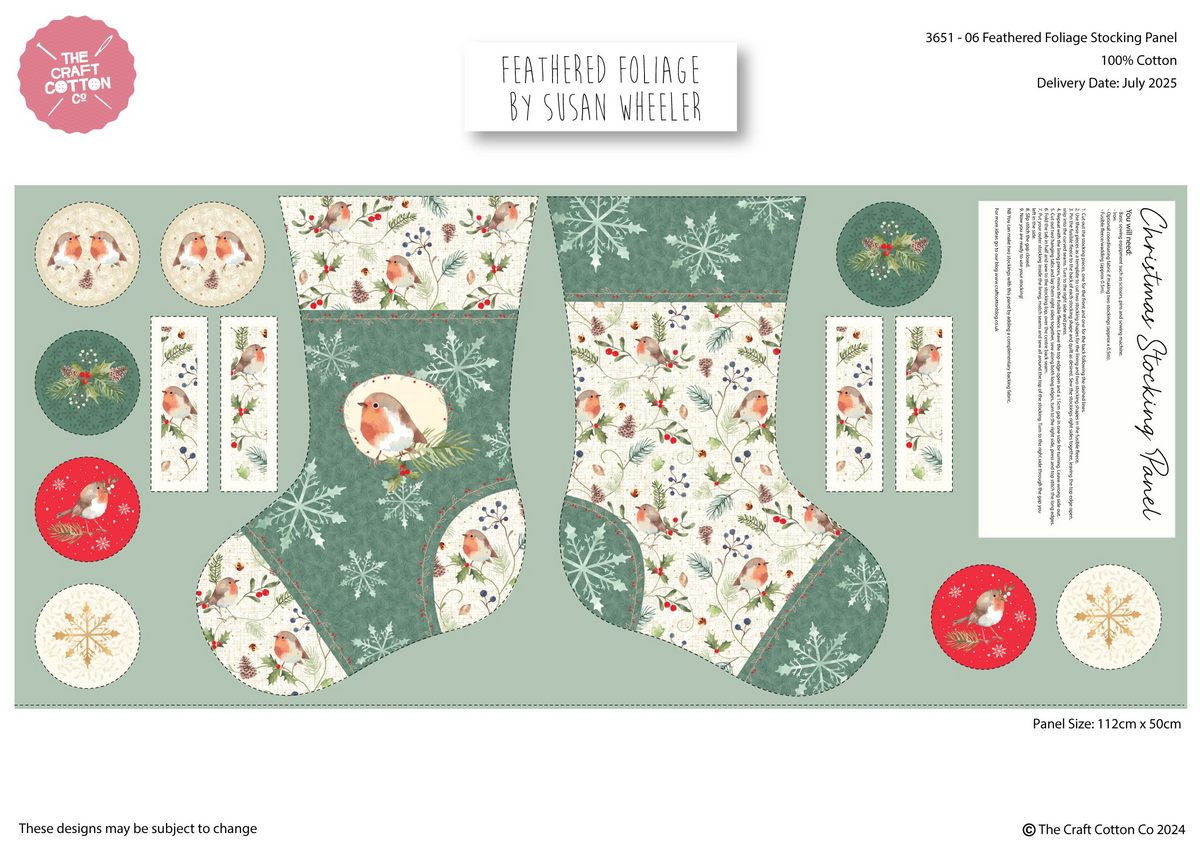 Feathered Foliage by Susan Wheeler – Christmas Stocking Panel 100% Cotton 112cmx50cm Wide Printed Panel for Sewing, Dressmaking, Patchwork