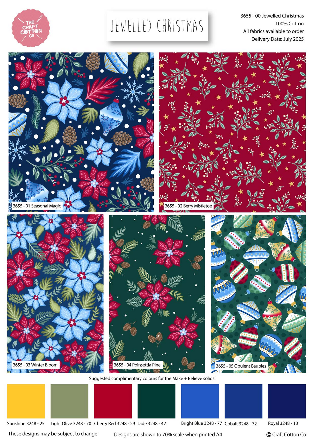 Craft Cotton Co. Jewelled Christmas 100% Cotton 45x55cm Wide 5Pcs Christmas Fat Quarters for Sewing, Quilting, Dressmaking, Patchwork