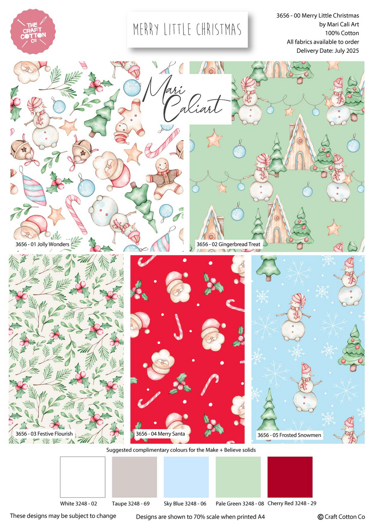 Merry Little Christmas by Mari Cali Art 100% Cotton 45x55cm Wide 5Pcs Christmas Fat Quarter for Sewing, Quilting, Dressmaking, Patchwork