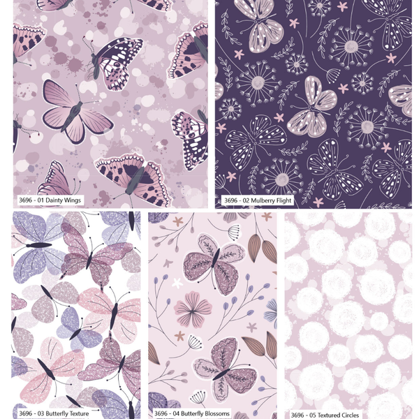 CraftsFabrics Moonlit Flutter Cotton Fat Quarter Bundle – 5 Piece Butterfly Print Quilting Fabric Pack