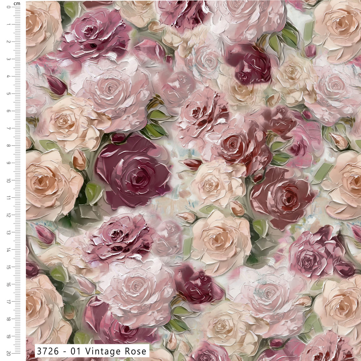 Pattern of pink and purple roses with a ruler on the left side.