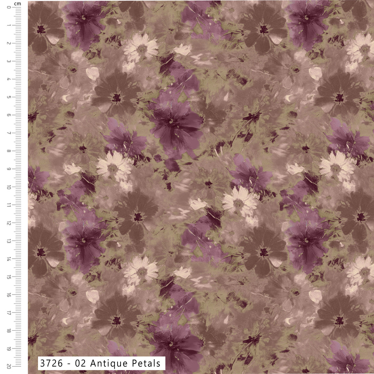 Floral pattern with purple and white flowers on a green background, with a ruler for scale.