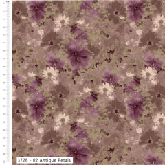 Floral pattern with purple and white flowers on a green background, with a ruler for scale.