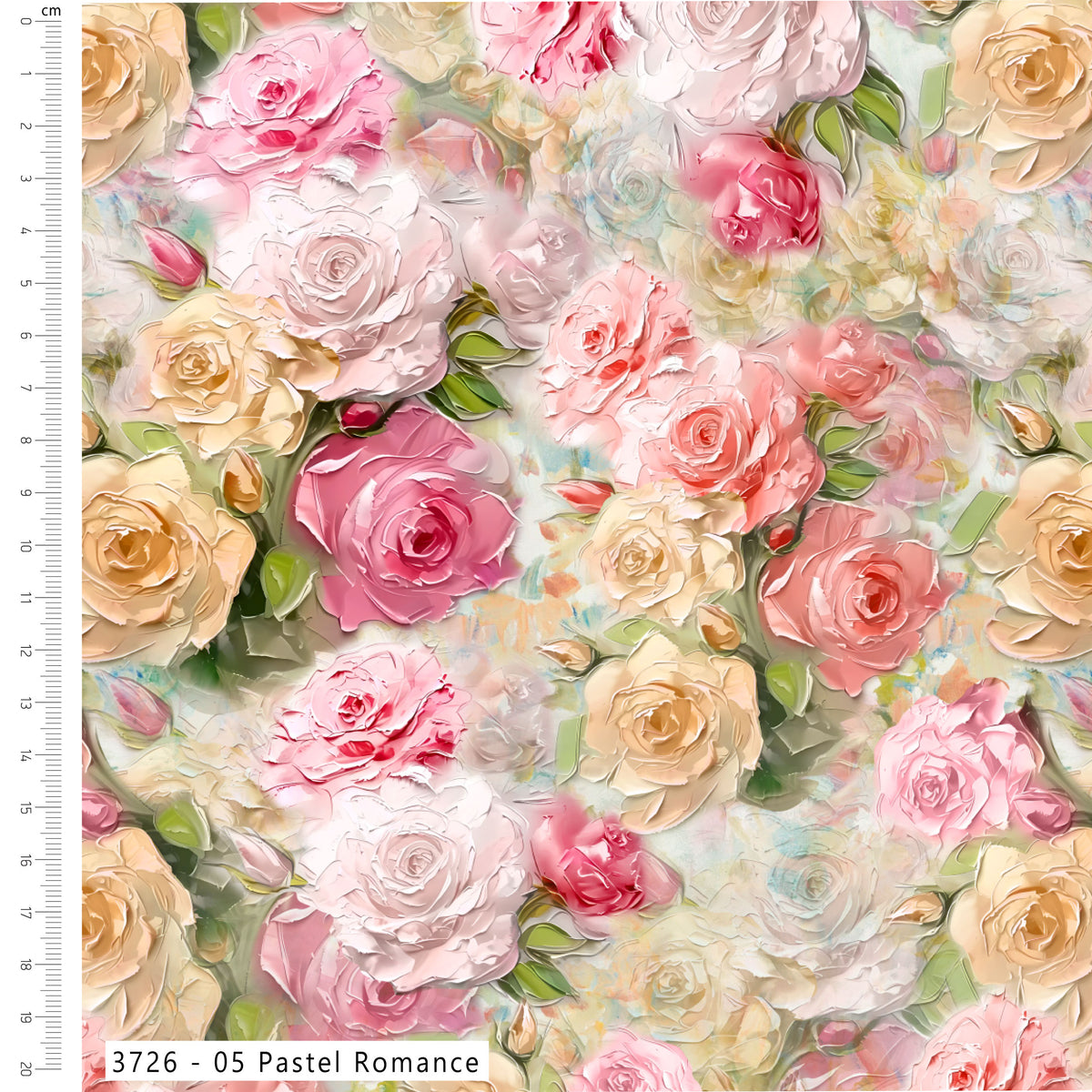 Fabric with pastel pink, yellow, and white roses on a light green background.