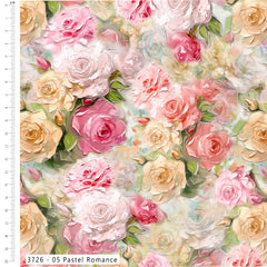 Fabric with pastel pink, yellow, and white roses on a light green background.