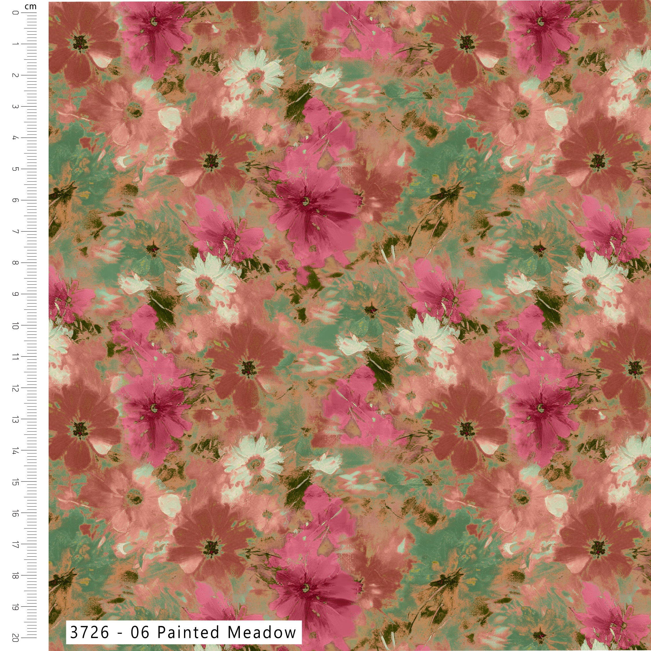 Floral pattern with pink and white flowers on a textured background, with a ruler on the left side.