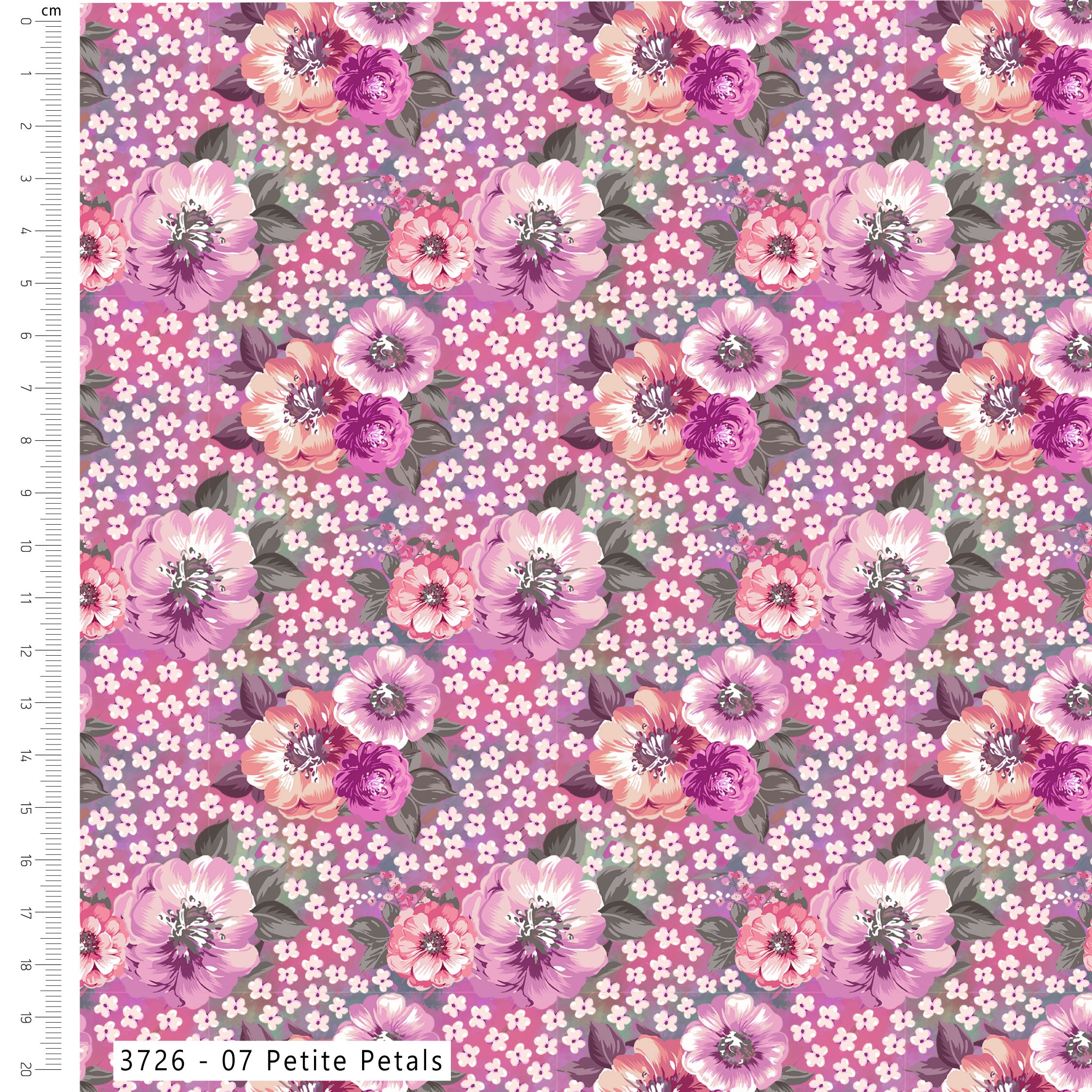 Floral pattern with pink, purple, and white flowers on a fabric swatch.