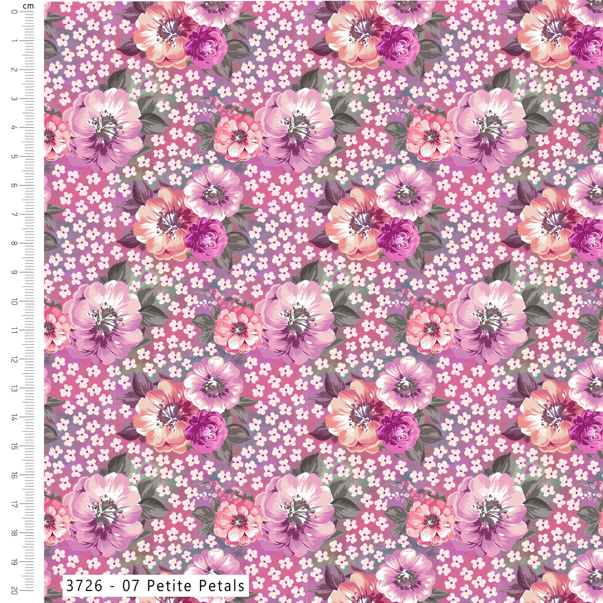 Floral pattern with pink, purple, and white flowers on a fabric swatch.