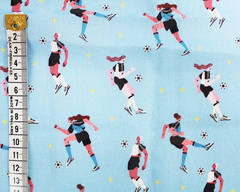 Little Johnny Players Playing Football Blue 100% Cotton 150cm Wide Digitally Printed Cotton for Crafting, Sewing, Home Décor and Kid's Craft