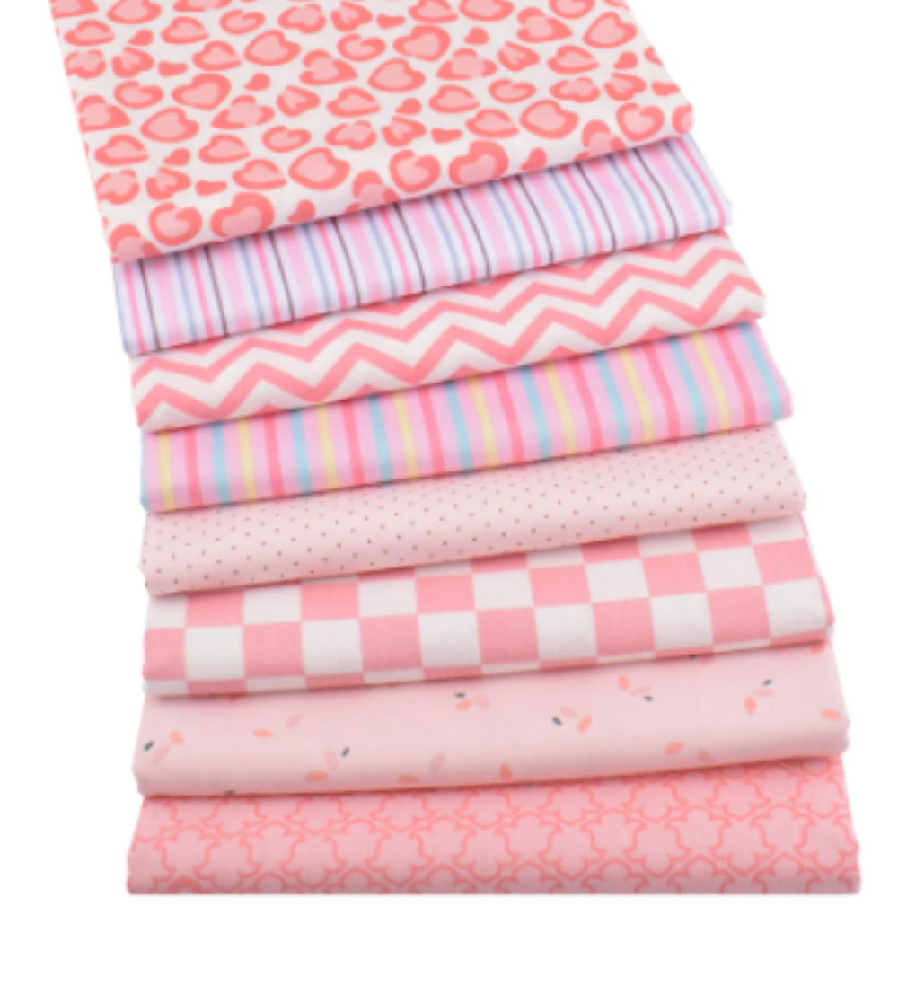 CraftsFabrics 8Pcs Pink Hearts & Stripes Fabric 100% Cotton 50x40cm Wide Fat Quarter Bundle for Quilting, Patchwork, DIY Projects