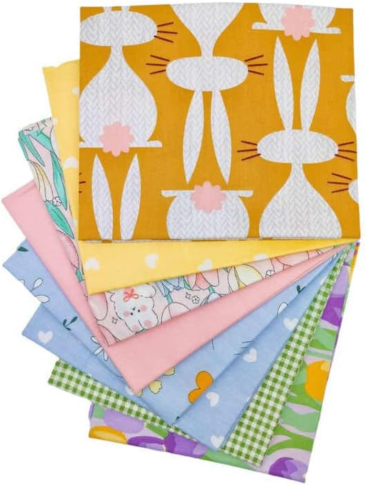 CraftsFabrics 8Pcs Easter Day Fabric Bundles Rabbit 100% Cotton Square Craft Fabric Patchwork, Sewing, Quilting, Kid's Craft