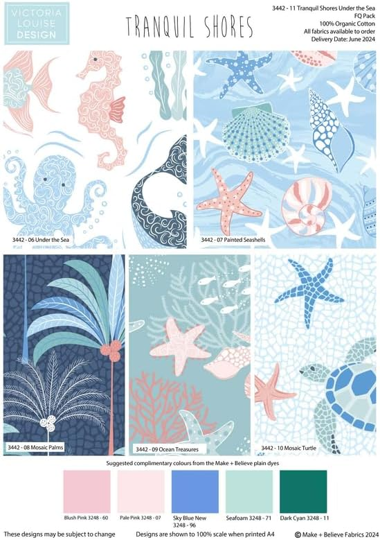 Tranquil Shores Organic Cotton 5Pcs Fat Quarter Bundle 100% Cotton 45x55cm Wide Material for Crafting, Sewing, Patchwork, Kid's Craft