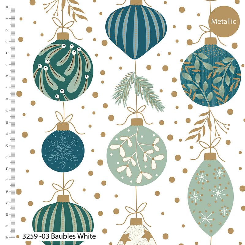 Deluxe Metallic Baubles–Premium Cotton Christmas Printed Fabric-100% Cotton - By Meter, Half Meter, Long Quarter or Fat Quarters