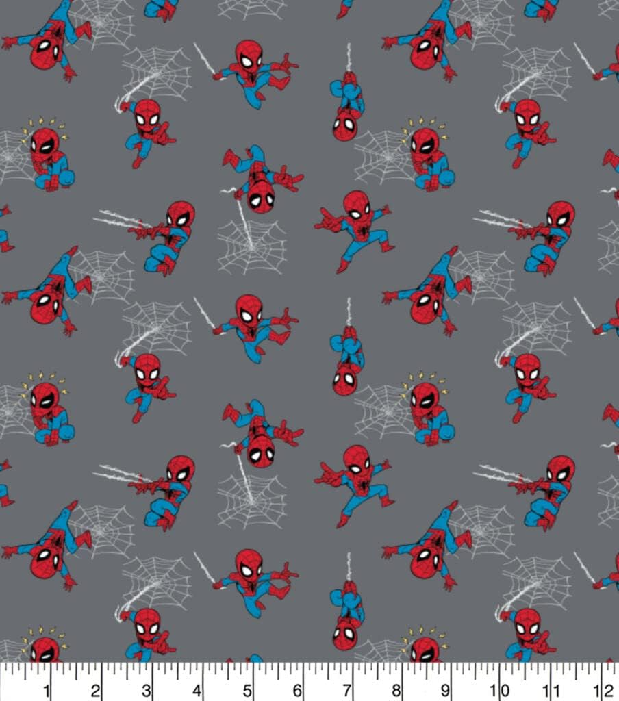 Tissu imprimé en coton gris Camelot Marvel Mini Spiderman, 112 cm de large, 100 % coton, idéal pour les loisirs créatifs, le matelassage et la confection de vêtements pour enfants.
