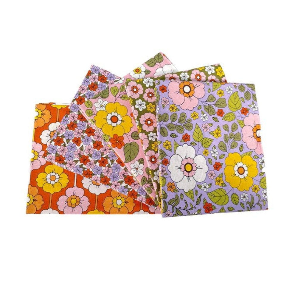 Groovy Florals 5Pcs Fat Quarter Bundle 18"x22" (45cmx56cm) Wide 100% Cotton for Children's Quilting Projects, Patchwork, Craft Bags