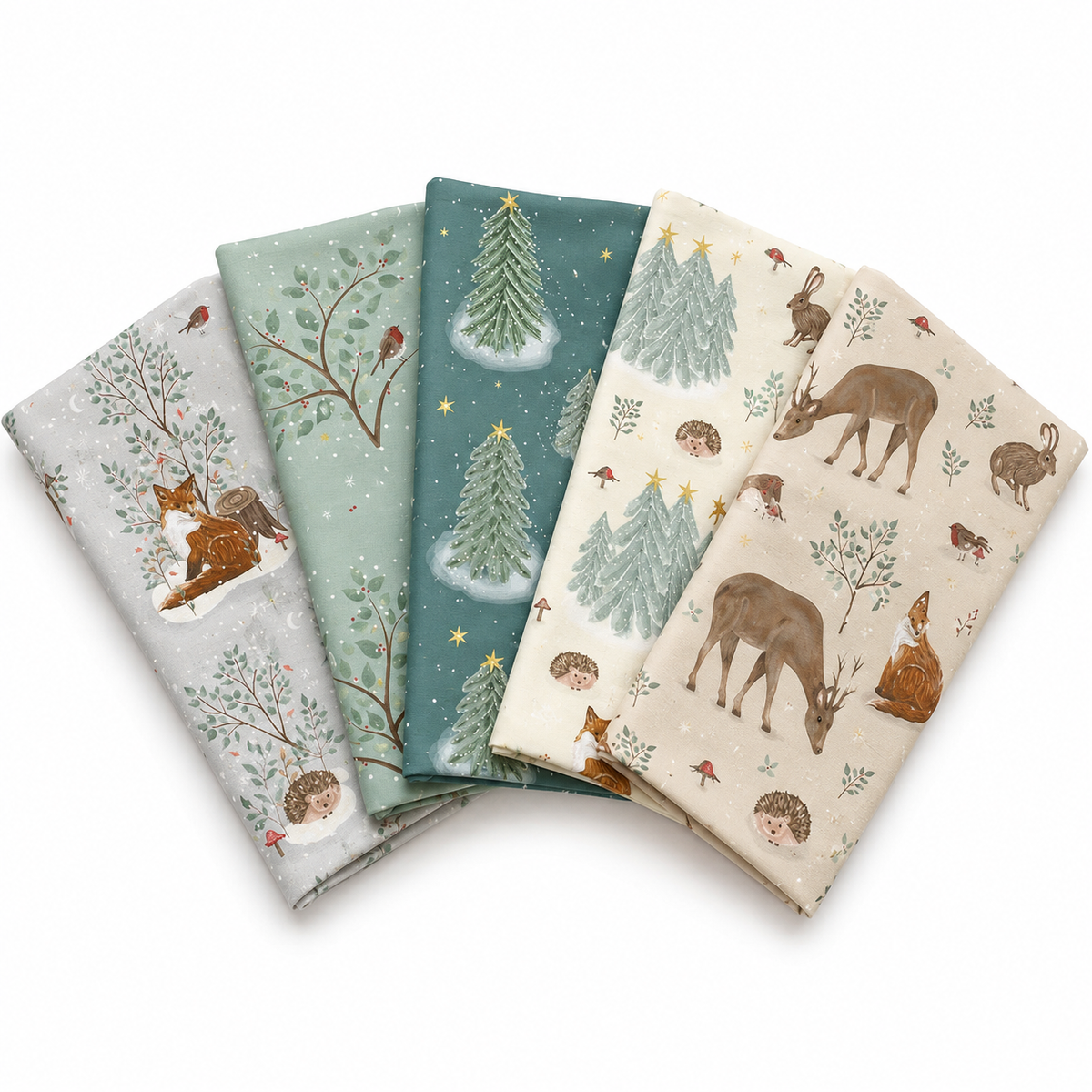 Lot de 5 Fat Quarters 100 % coton Motif neige des bois (45 x 55 cm) pour loisirs créatifs, patchwork, décoration d'intérieur et loisirs créatifs pour enfants.