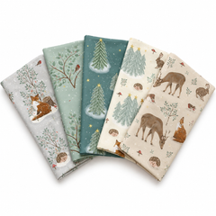 Lot de 5 Fat Quarters 100 % coton Motif neige des bois (45 x 55 cm) pour loisirs créatifs, patchwork, décoration d'intérieur et loisirs créatifs pour enfants.