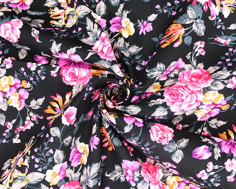 Little Johnny Abstract Flowers Black 100% Cotton Poplin 149cm Wide Digitally Printed Fabric for Crafting, Sewing, Patchwork, Dressmaking