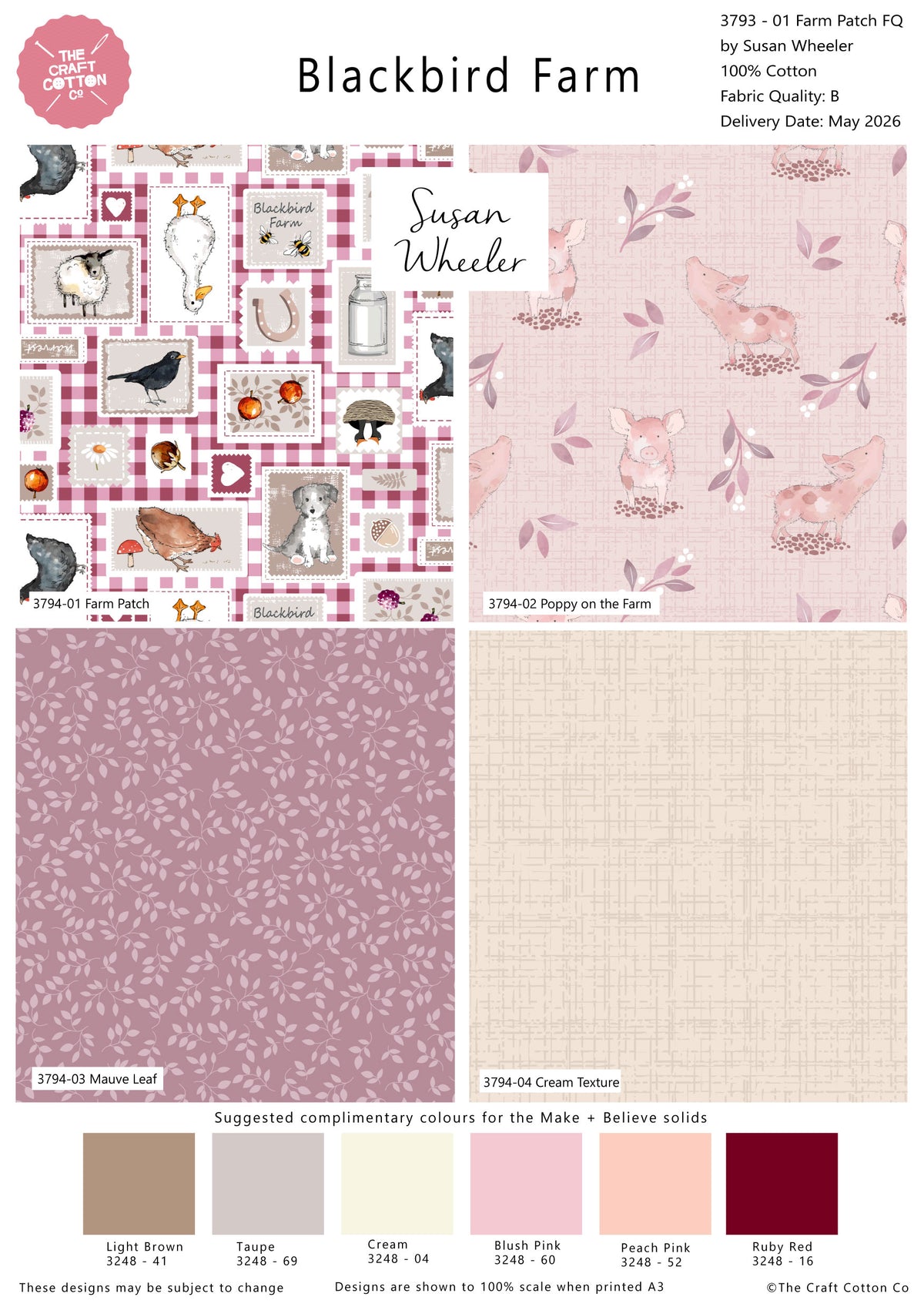 Blackbird Farm by Susan Wheeler 100% Cotton 4Pcs Fat Quarters Fabric Bundle