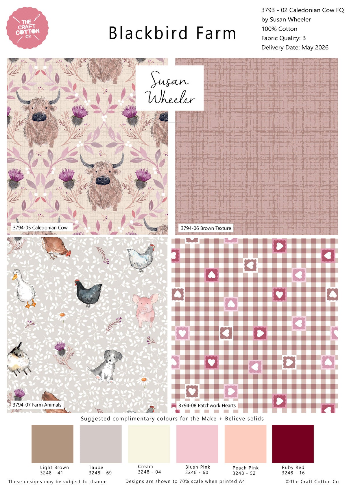 Blackbird Farm by Susan Wheeler 100% Cotton 4Pcs Fat Quarters Fabric Bundle