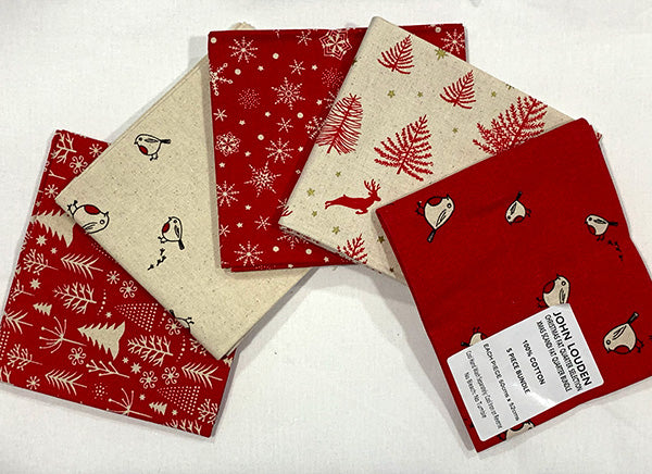 John Louden- Christmas Fat Quarters Bundle of 5 Fabrics (45cm x 55cm). 100% Cotton. Ideal for Crafts, Patchwork, and Dressmaking