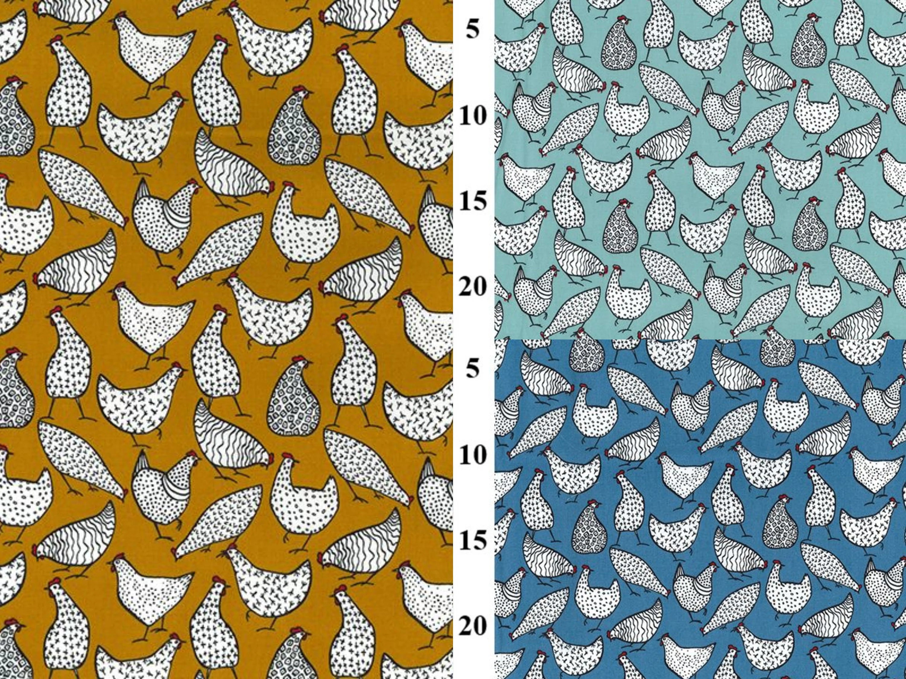 Two fabric swatches with chicken pattern, one on brown and one on blue.
