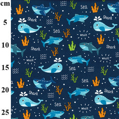 Rose & Hubble Ocean Sea Sharks Whales Fabric 100% Cotton Poplin (CP0913)