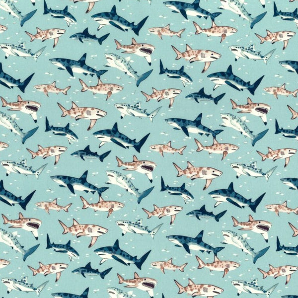 Rose & Hubble Shark Print Ocean Cotton Poplin Fabric - CP1075
