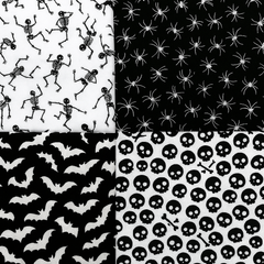 Halloween Spiders Skulls Bats Skeletons Printed Polycotton Fabric 4Pcs Fat Quarter Bundle for Crafting, Quilting, Sewing & Patchwork
