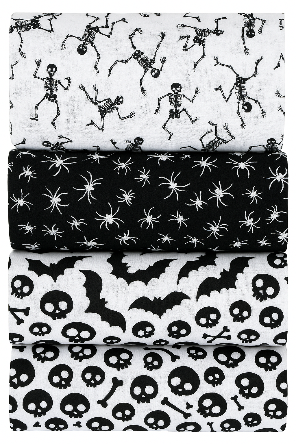 Halloween Spiders Skulls Bats Skeletons Printed Polycotton Fabric 4Pcs Fat Quarter Bundle for Crafting, Quilting, Sewing & Patchwork